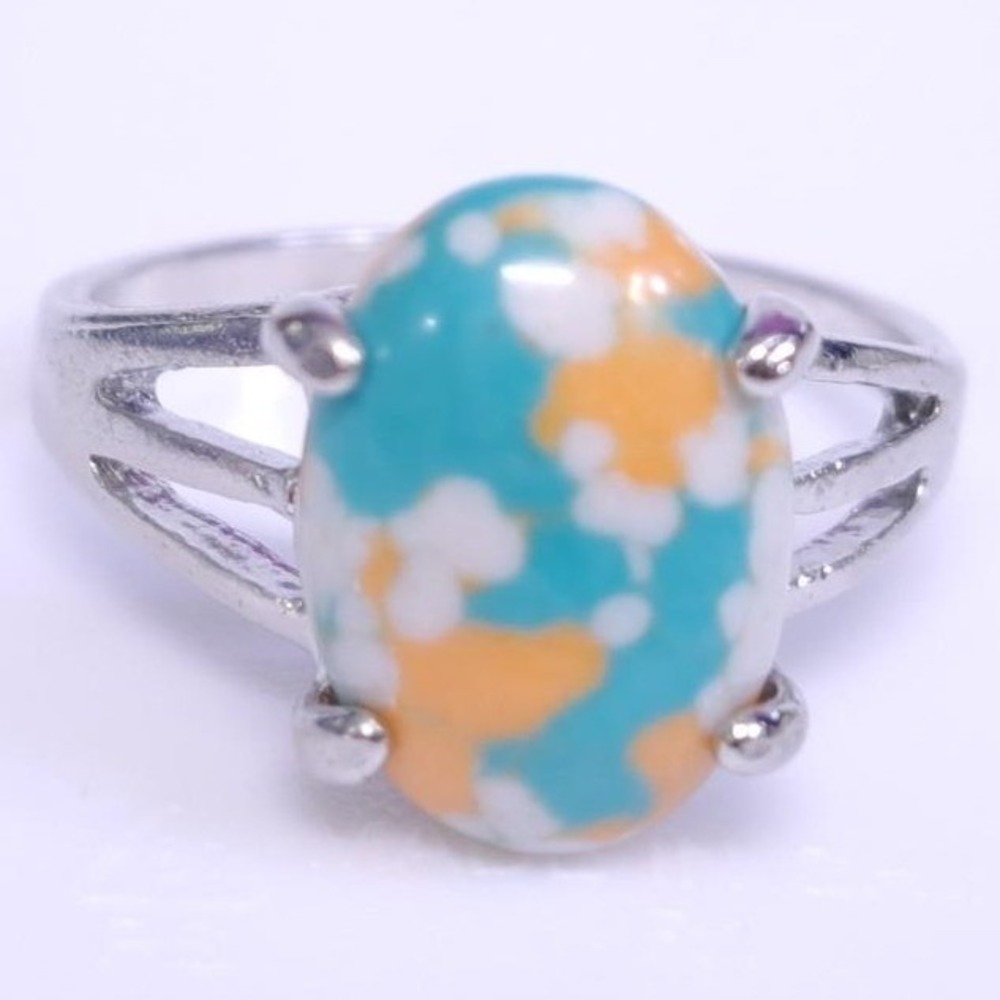 New Faux Turquoise Oval Marbled Stone Ring Plus Size 10 Silver Tone Jewelry
